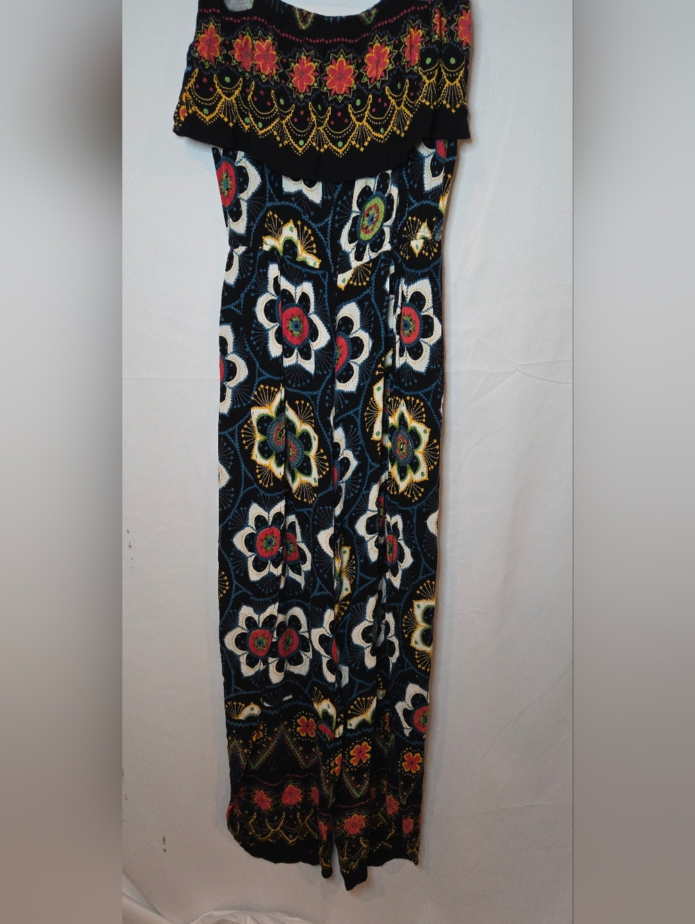 Earthbound Trading Co Strapless Boho Floral Ruffle Wide-Leg Jumpsuit Women's S